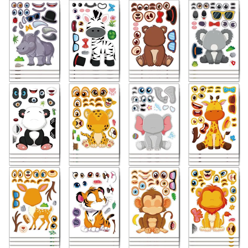 Zrób twarz naklejki dla dzieci małe dzieci Cartoon Safaris zwierzęta Puzzle naklejki DIY rzemiosło oświecenie dla dzieci zabawka poznawcza