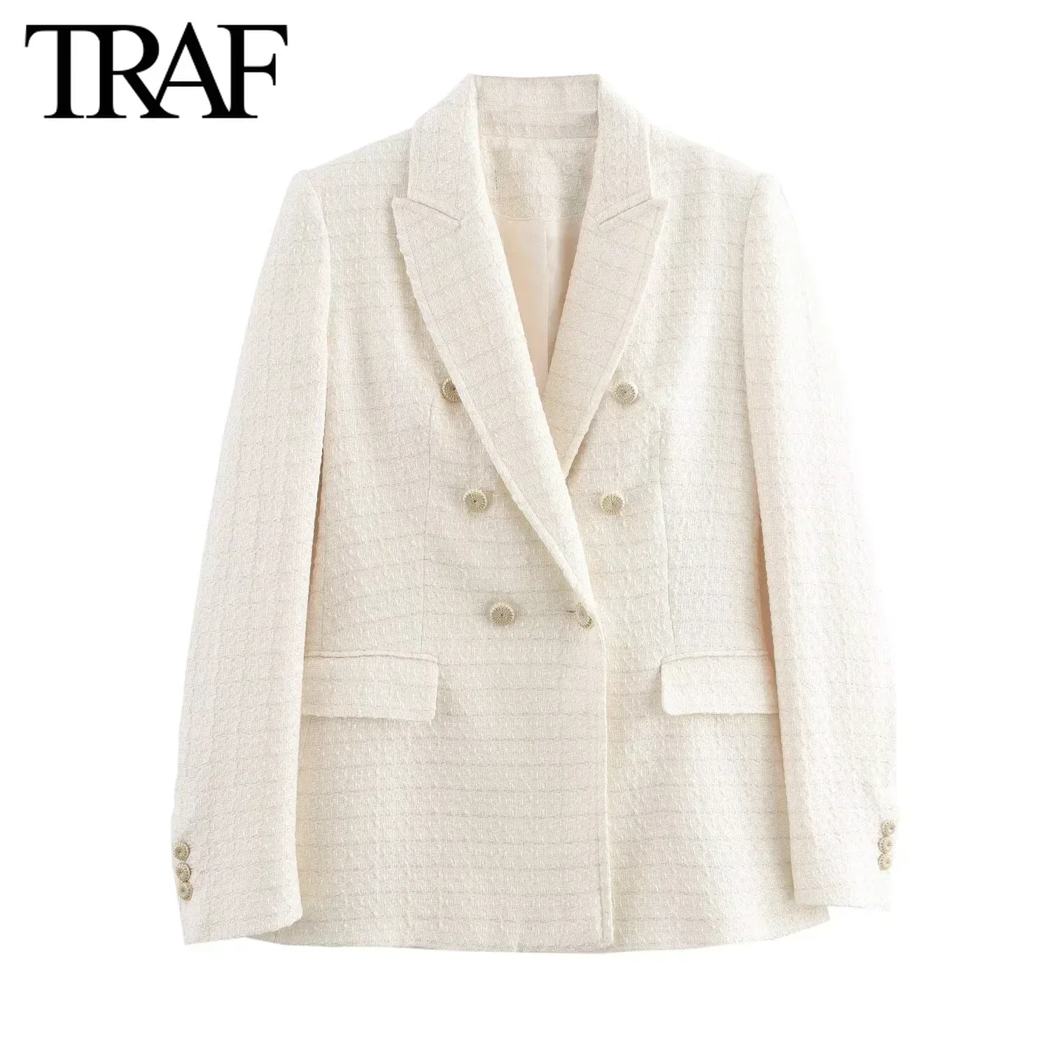 TRAF Women Fashion New Textured Solid Long Sleeve Double-breasted Suits Jacket Chic Female Flip Pocket Blazers Suit Coat