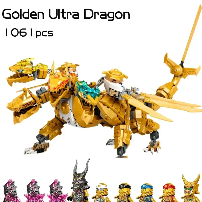 2022 New 1061pcs Golden Ultra Dragon Bricks Golden Dragon Jet Building Block Compatible 71774 71770 Christmas Gift