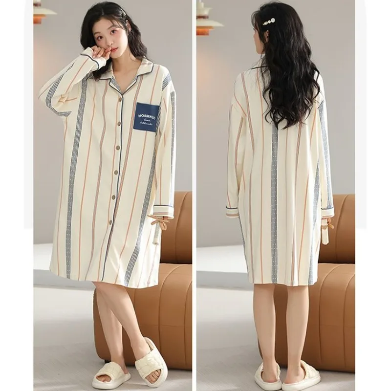 Pure Cotton Pajama Women Spring Autumn Loungewear Slim Stripes Nightgowns Sweet Princess Style Sleepwear Summer Sexy Sleepshirts