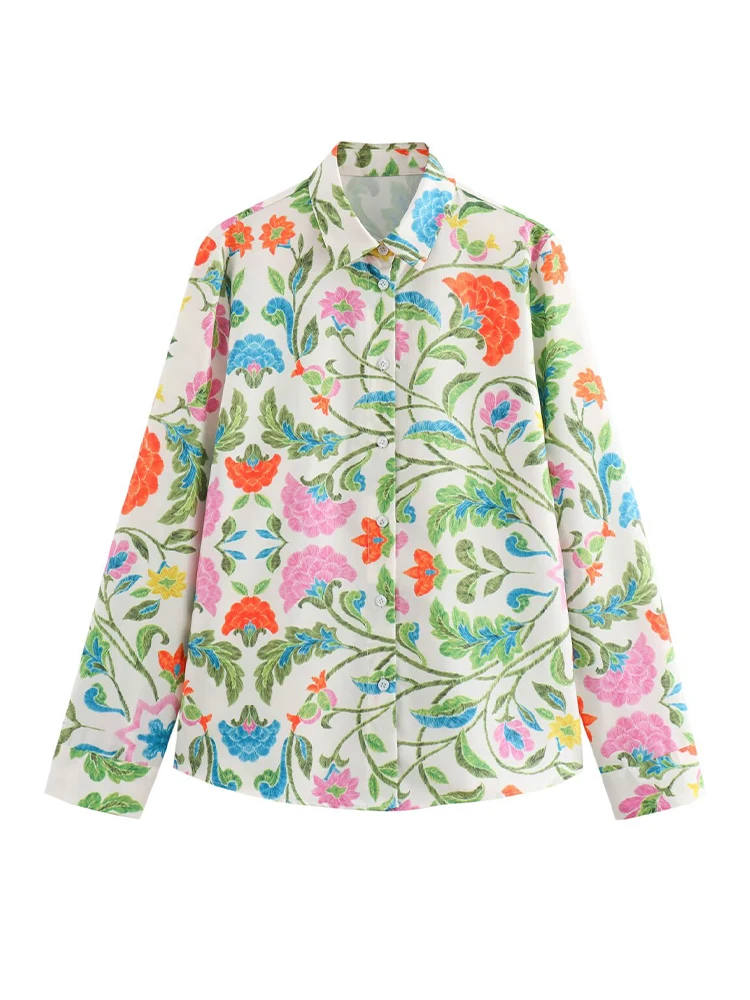 

2025 Spring New Women's European and American Style Lapel Long Sleeve Printed Poplin Fashion Personality Shirt