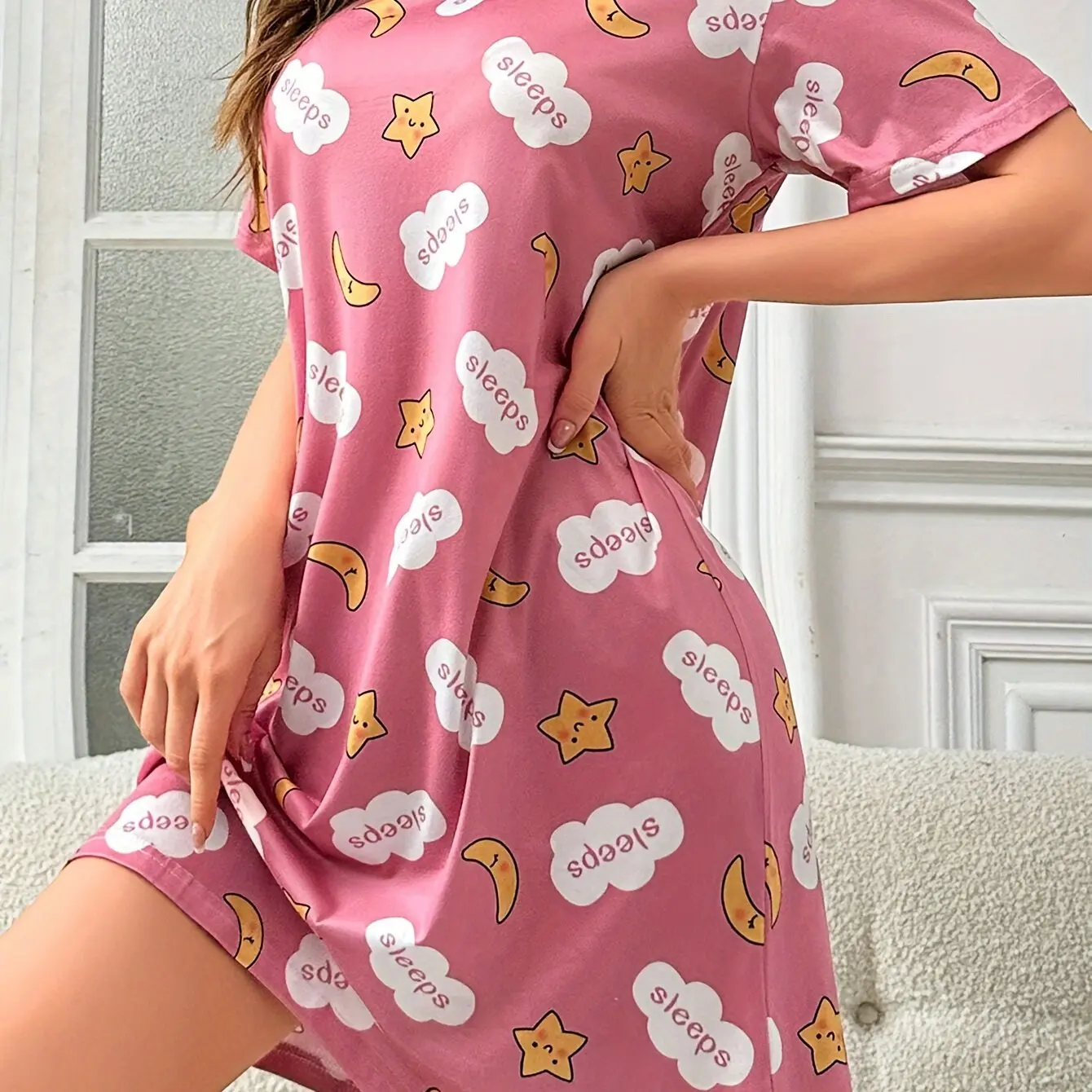 Summer Women\'s Plus Size Nightgown Loose Home Half Skirt Strawberry Moon Printed Women\'s Knee Skirt High Stretch Dresses