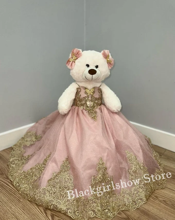 Mini vestido de quinceañera Rosa melocotón, vestido de oso de peluche, apliques dorados de lujo, 2024