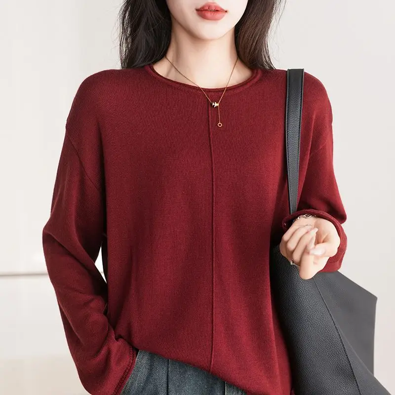 T-shirt à manches longues et col rond pour femme, pull polyvalent en fil de coton pur, nouvelle chemise de Base, haut ample, printemps et automne