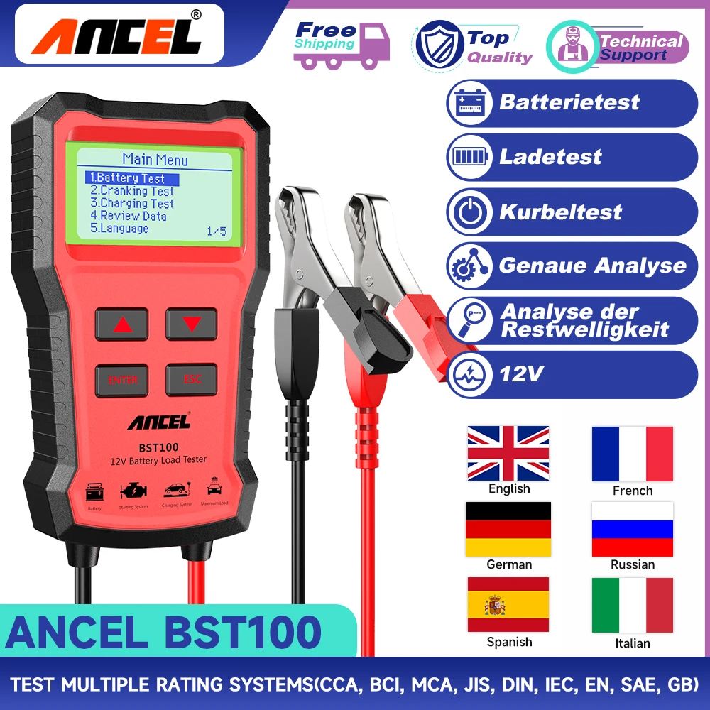 ANCEL BST100 12V Car Battery Tester 100-2000 CCA Load Tester Digital Automotive Alternator Battery Analyzer Charging Cranking