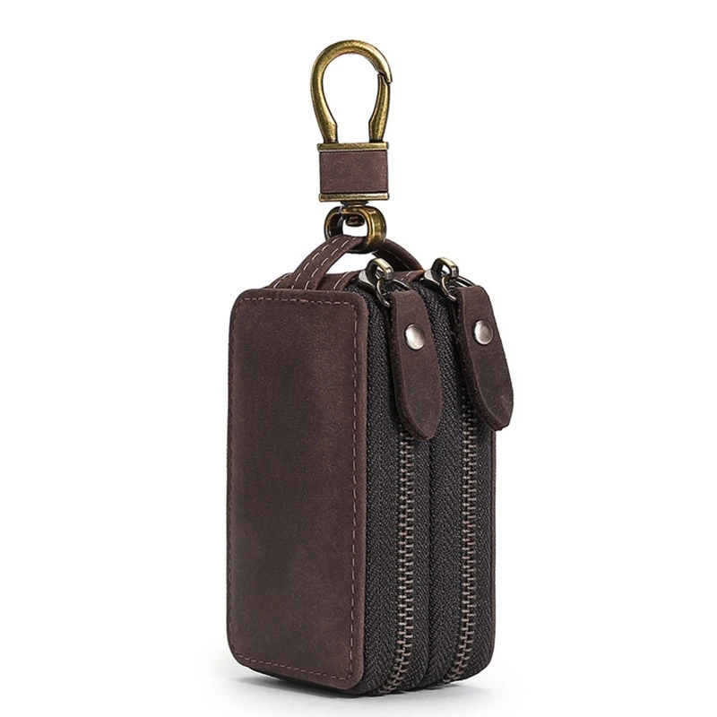 

Portable Vintage Leather Keybag Holder Car for Key Purse Bag Double Pocket Zipper for Case Keychain Pouches Wallet