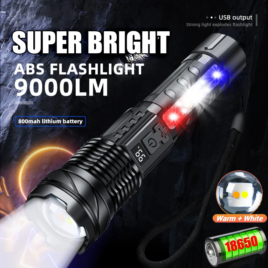 High Power 9000LM Dual LED Flashlight Built-in Battery Zoom Tactical Torch USB Rechargeable For Outdoor Camping Emergency