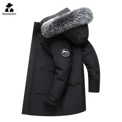 Parka de capuz comprido masculino com gola grande de lã, jaqueta leve, jaqueta grossa quente, moda luxuosa, pato 90% branco, novo, inverno