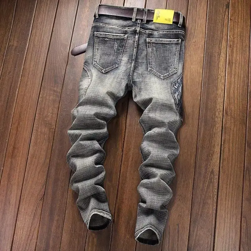 Fashion 2026 Popular Retro Locomotive Jeans Splicing Trendy Brand Repair High-end Feet Casual Elastic Trousers Bootcut Jeans