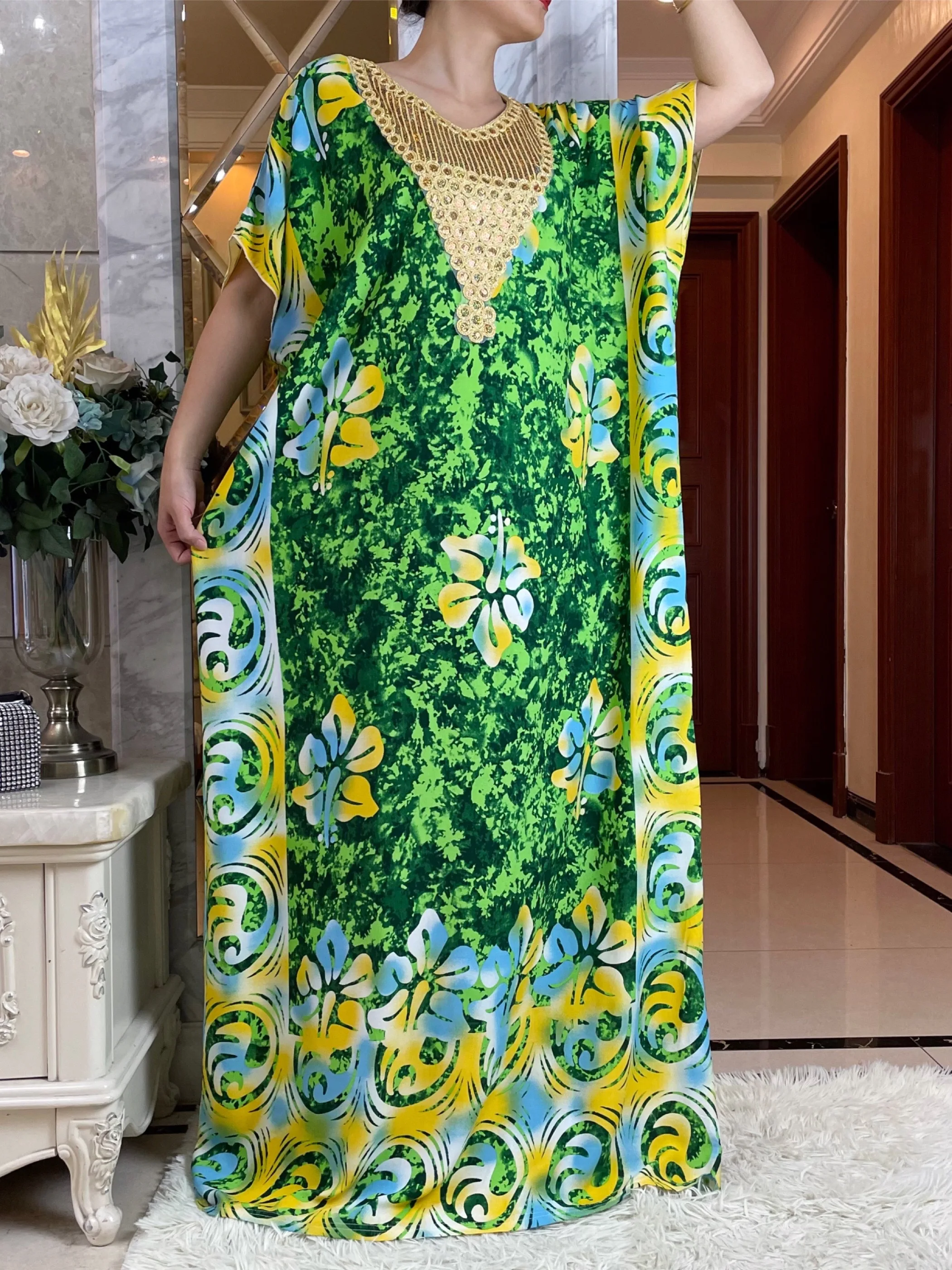 2024 New African Women Abayas Cotton Fabric Dresse With Big Scarf For Women Summer Short Sleeve Muslim Robe Traditional Clothing