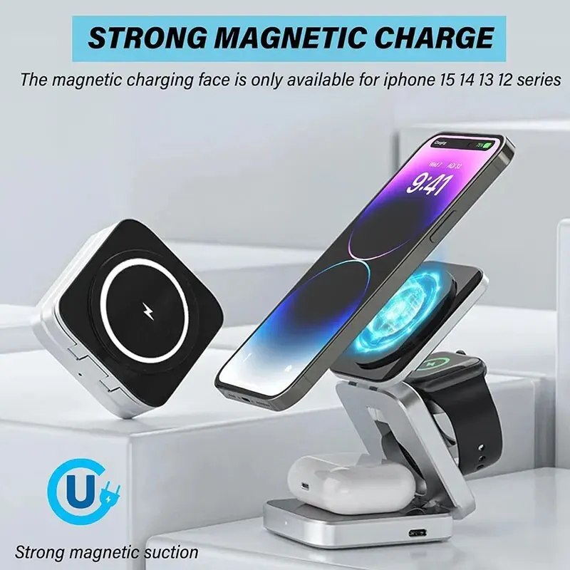 3 in 1 Magnetic Wireless Charger Stand Pad For iPhone 15 14 13 12 Pro Max IWatch 8 7 6 5 Airprods Macsafe Fast Charging Station