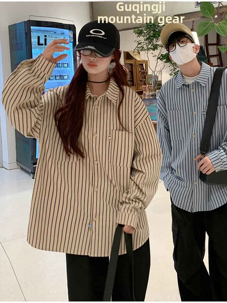 

Мужская свободная рубашка в полоску с длинным рукавом, повседневная, осенняя, модная, хлопковая, молодежная, трендовая, в стиле кэжуал, верхняя одежда для пар