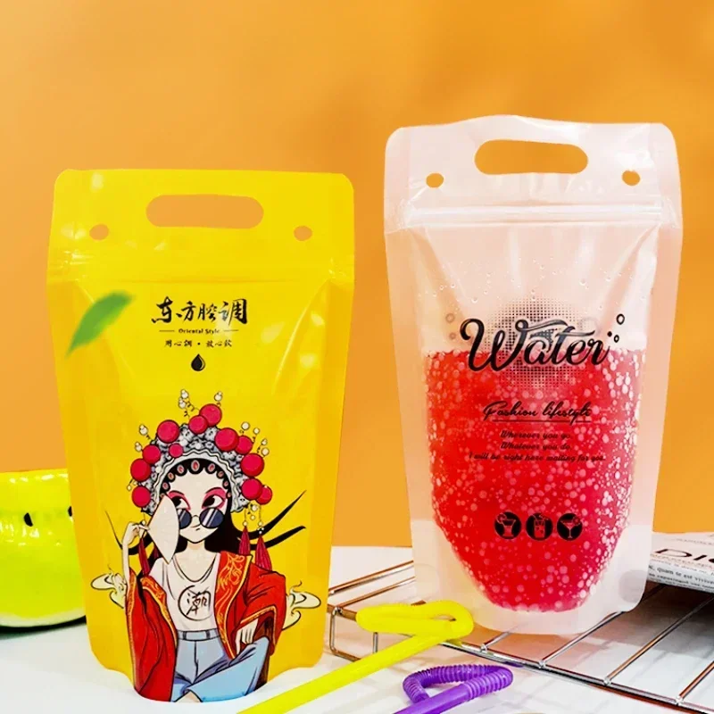 50pcs Disposable Stall Beverage Juice Bag 450ml, Beverage Self Sealing Bag Fruit Milk Tea Portable Handbag with straws holes