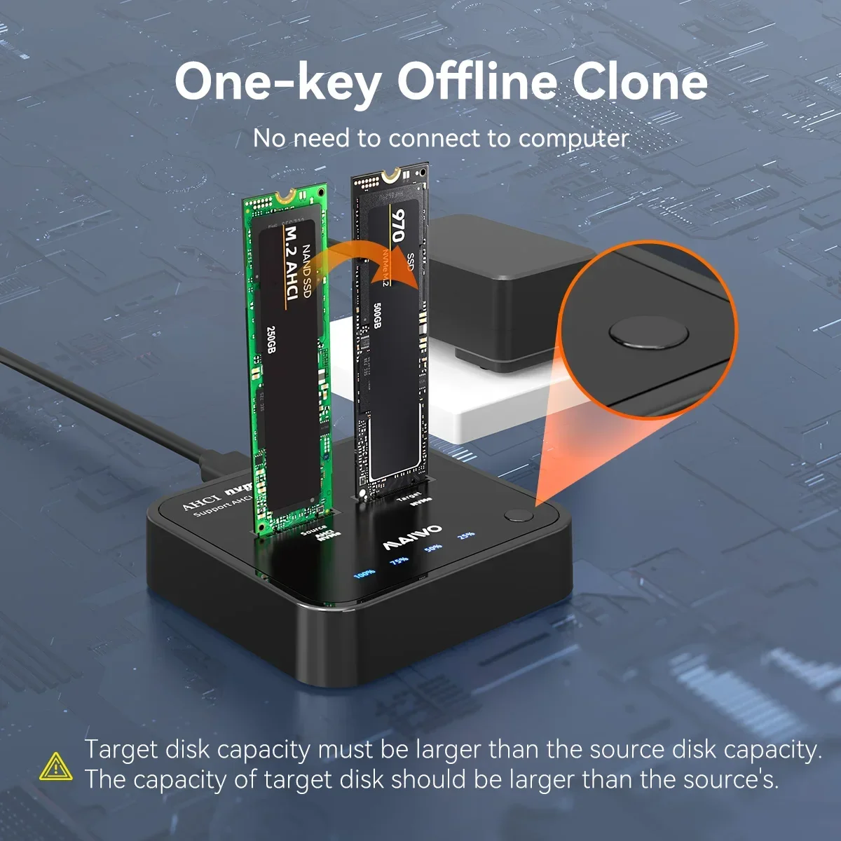 MAIWO USB3.2 AHCI M.2 NVMe SSD adaptador de carcasa duplicador móvil con M2 SSD 2230/2242/2260/2280 compatible con clon sin conexión de una tecla