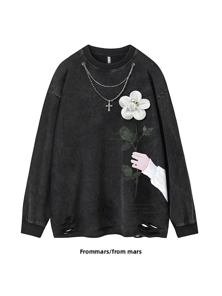 Camiseta de Manga Longa Unissex Vintage com Design Rasgado, Casual, Caimento Solto, Gola Redonda, Moletom para Todas as Estações