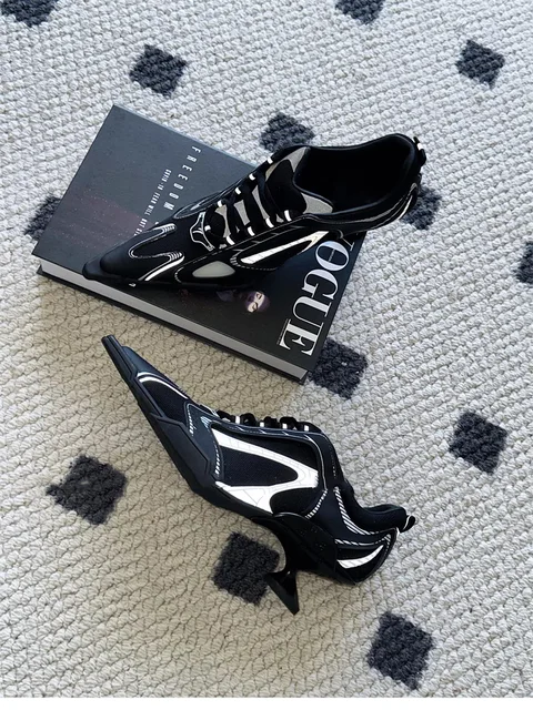 Sliver Sneaker Heels y2k Black Strange Shoes Mesh Lace Up
