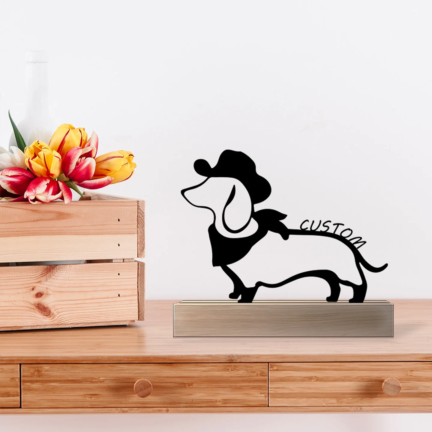 

1 pc pretty Gentleman dog Customized Name Iron Ornament Tin Ornament With Wood Base Metal Sculpture With Wood Base