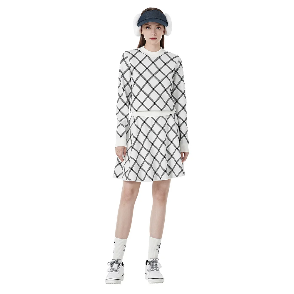 New Women\'s Golf Set Quality Short Skirt Slimming Long Legs Plaid Trendy Knitted Sweater Fashionable Commute Style Long Sleev...