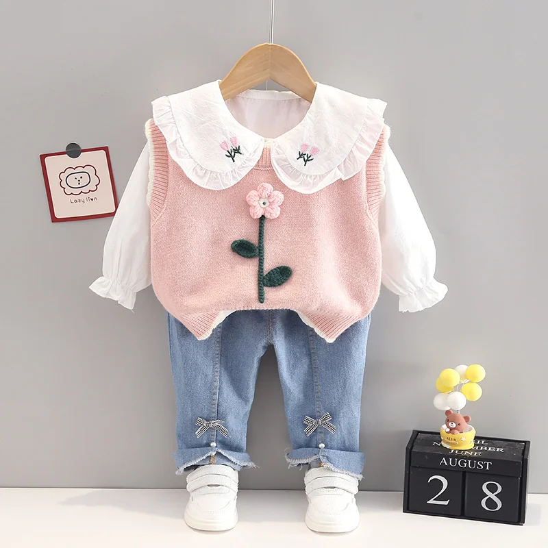 New Spring Autumn Baby Girl Clothes Suit Children Cute Fashion Vest Shirt Pants 3Pcs/Sets Toddler Casual Costume Kids Tracksuits