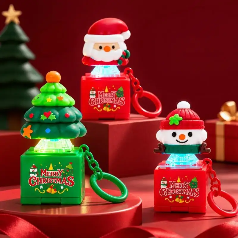 Light Up Santa Claus Stress Relief Keychain Voice Function Christmas Key Ring for Bag Pendant Xmas Party Small Gift