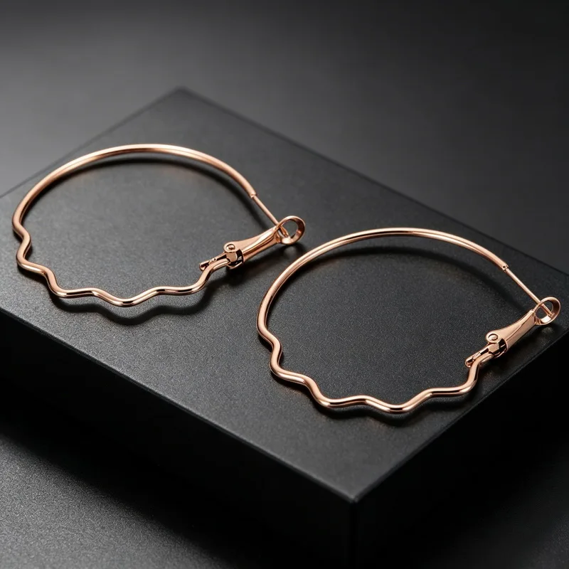 Wavy Rose Gold Large Hoop Earrings Stainless Steel Irregular Circle Lever Back Big Loop Women Daily Minimalist Ear Jewelry Gift