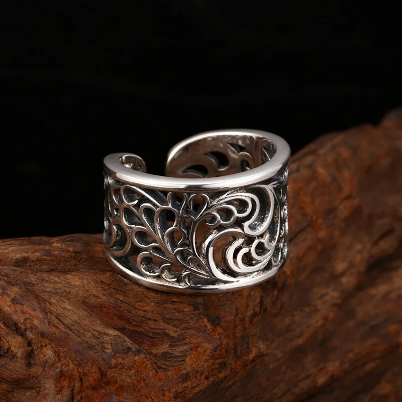 S925 Sterling Silver Flower Adjustable Ring Punk Style Old Process Free Size Women Rattan Fine Jewelry FYRNG157
