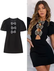 HH Women's Fashion Mini Dress Short Sleeves Solid V-Neck Slim Hollow Out With Bow Zipper Sexy Party Wearing Retro Dresses