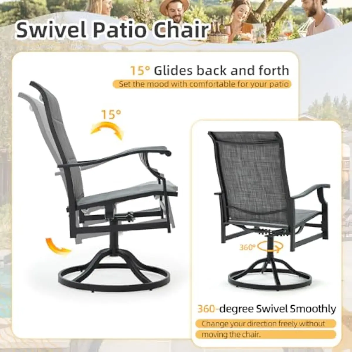 6-Piece Modern Outdoor Dining Set Gray Steel Table with Umbrella Hole Plus Swivel Rocking Chairs Textilene Seats Weatherproof Po