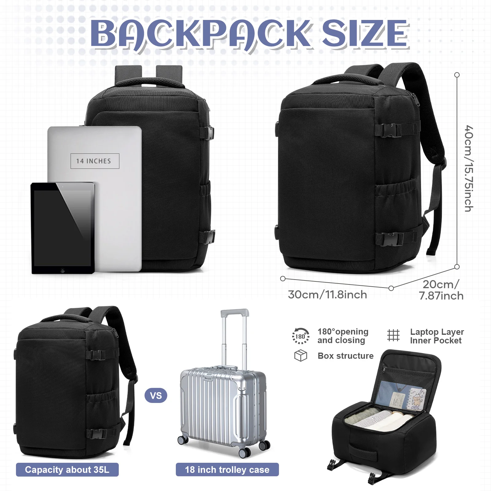 Bag for Men Women, travel backpack Cabin Size, Backpack 40x30x20 Ryanair Cabin Bag Anti-Theft Laptop Travel Luggage, Work Bag
