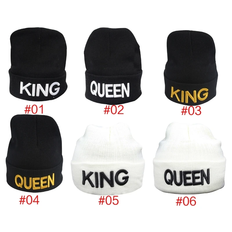 

King Queen Hats For Couples Ski Beanie Hat Knitted Hat Skullies Beanie Knitted Warm Ski Hat Bonnet Skull Hat Couple Hat Dropship