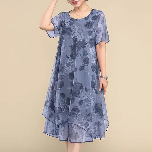 Imagen 2 del producto Nuevos vestidos de manga corta con cuello redondo, vestido Vintage con estampado Floral de gasa empalmado para mujer, vestido Midi holgado Irregular elegante