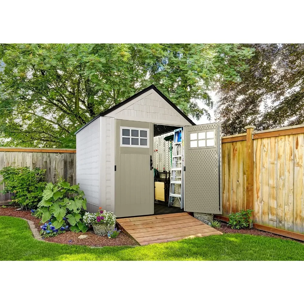 Resin Outdoor Storage Shed with Floor (7 X 7 Ft), Weather Resistant, Beige/Brown, Organization for Home/Backyard/Garden Tools