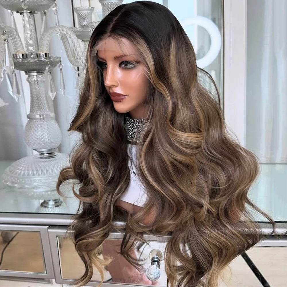 

26-дюймовый синтетический парик с кружевной передней частью, коричневый, с эффектом волны, женский парик с блонд-оттенками, для повседневного использования, реалистичный вид, темные корни