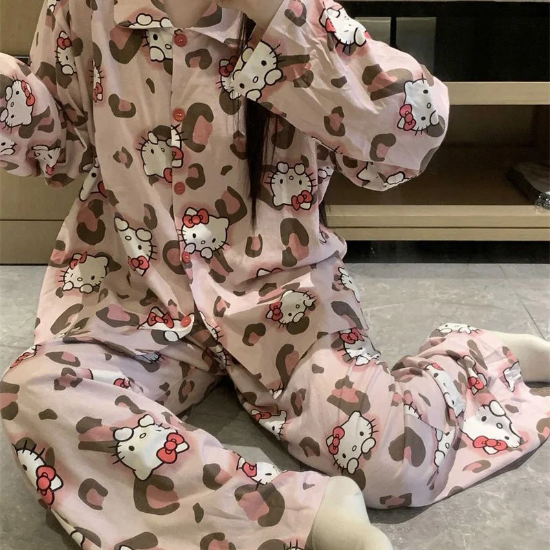 Cartoon Sanrio Hello Kitty Girls Pajamas Kawaii Anime Pink Leopard Good-looking Home Long Sleeved Pants Home Clothing Gifts Toys