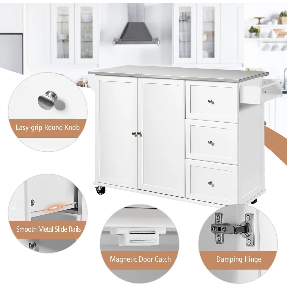 Kitchen Island-Chariot de service mobile à roulettes avec dessus de seau en acier inoxydable, étagères réglables, armoire à 2 portes, 3 égouts de proximité