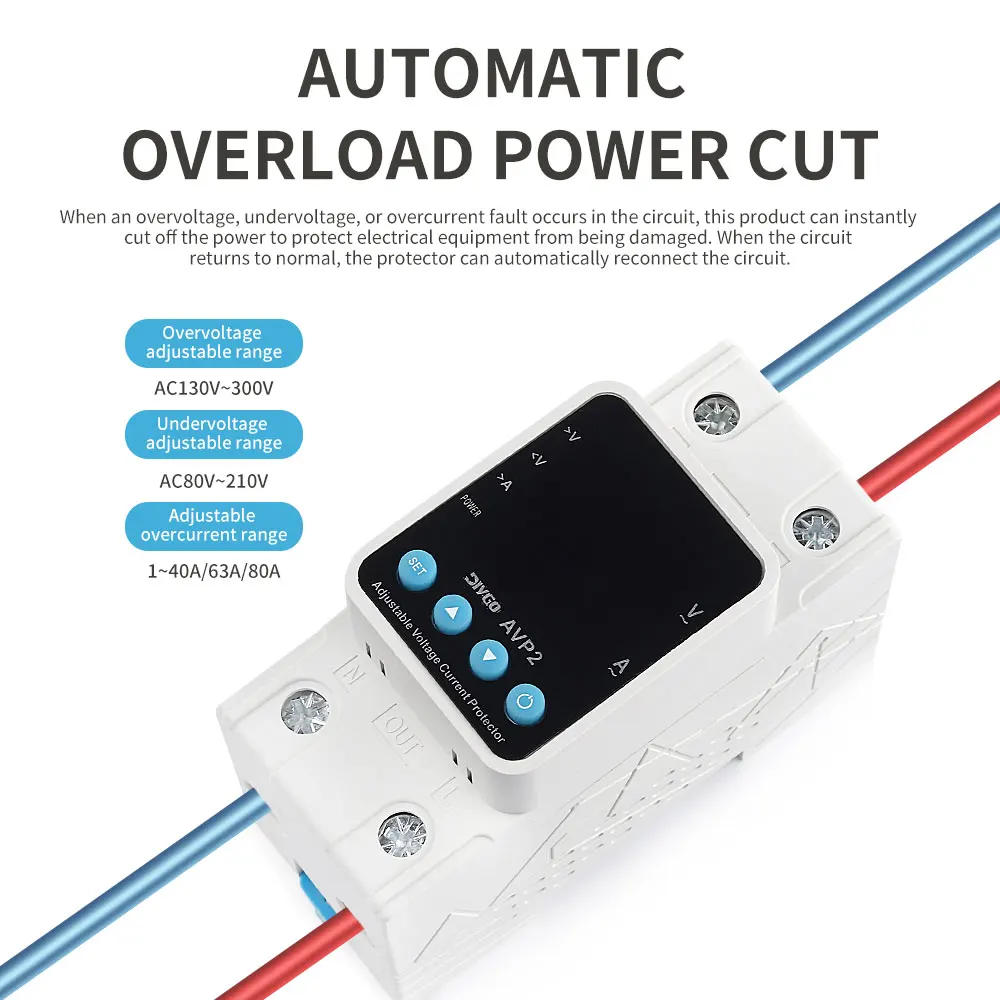 AVP2 Din Rail Mount with Digital Display Adjustable Voltage Current Protector 40/63/80A 230V Over Under Voltage Surge Protector