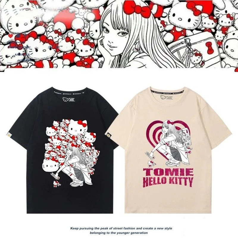 

New Miniso Hello Kitty Junji Ito Tomie T-shirts Cute Pattern Printing Retro Trendy Pure Cotton Anime Men and Women Short Sleeve