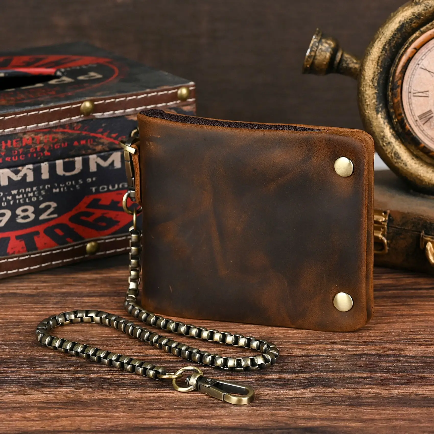 YETTIES Herren-Pull-Up-Geldbörse aus genarbtem Leder, kurzer Bifold-Reißverschluss mit abnehmbarer Kette, praktische Retro-Clutch für Herren – Detail 20