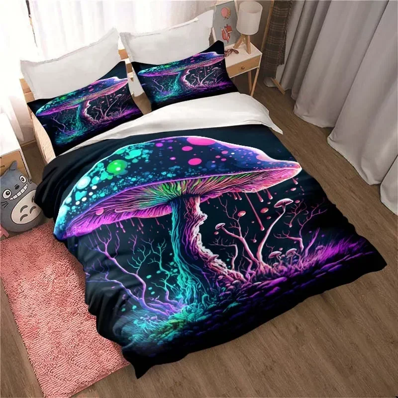 

3D printed color butterfly mushroom beach pattern three-piece set, beautiful home decoration quilt pillowcase, birthday gift