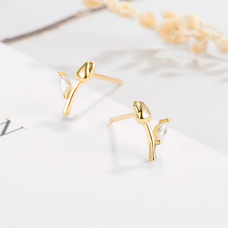 

Romantic Rose Flower Stud Earrings For Women Copper Crystal Zirconia Tulip Female Minimal Ear Piercing Accessories Jewelry Gifts
