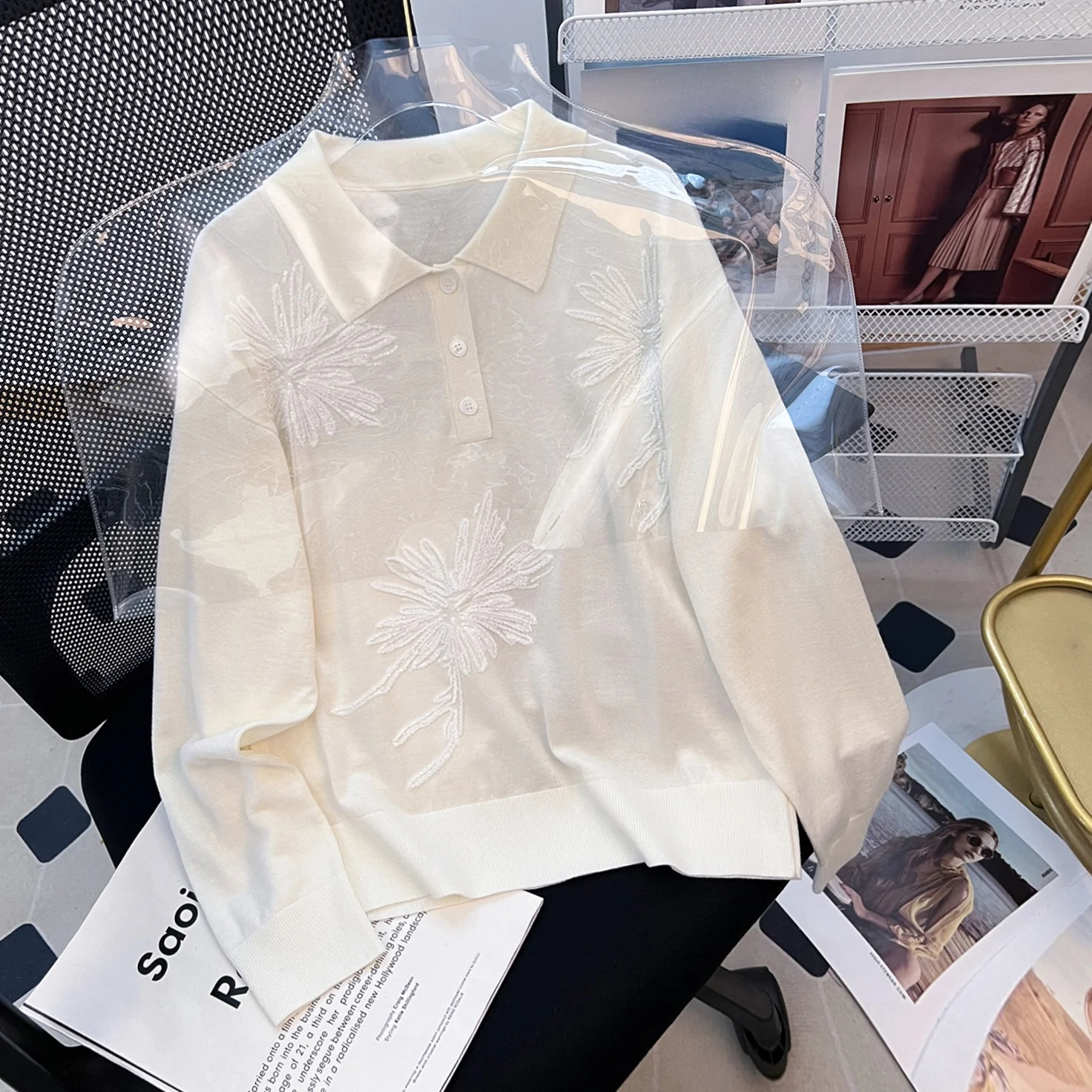 

Элегантный тонкий вязаный свитер Ele из шелка и шерсти с вышивкой пайетками для женщин, осенний, для повседневной носки