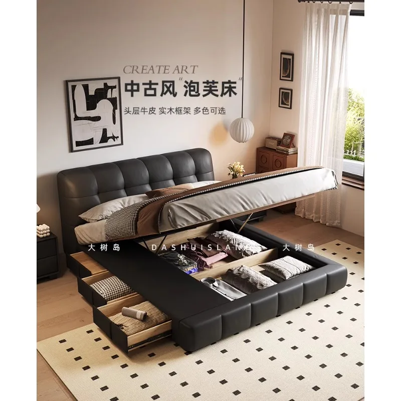 

Retro cream style master bedroom double bed Italian style antique style storage leather bed