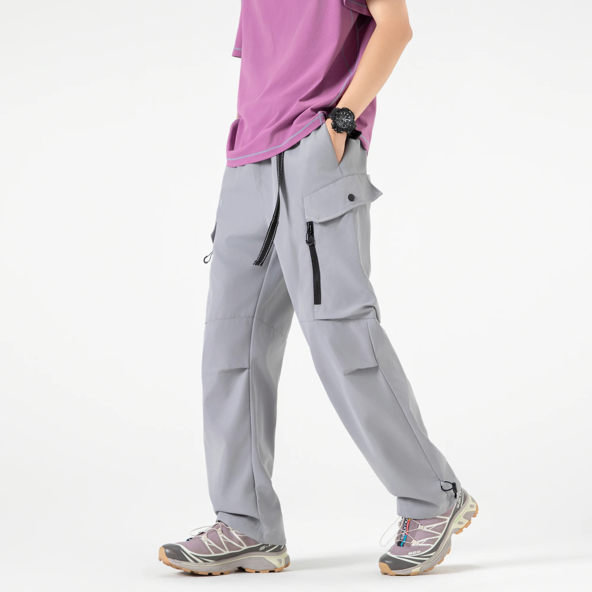 Solid color basic work pants, men's loose outdoor hiking and mountaineering multi-pocket sport pants, motorcycle pants