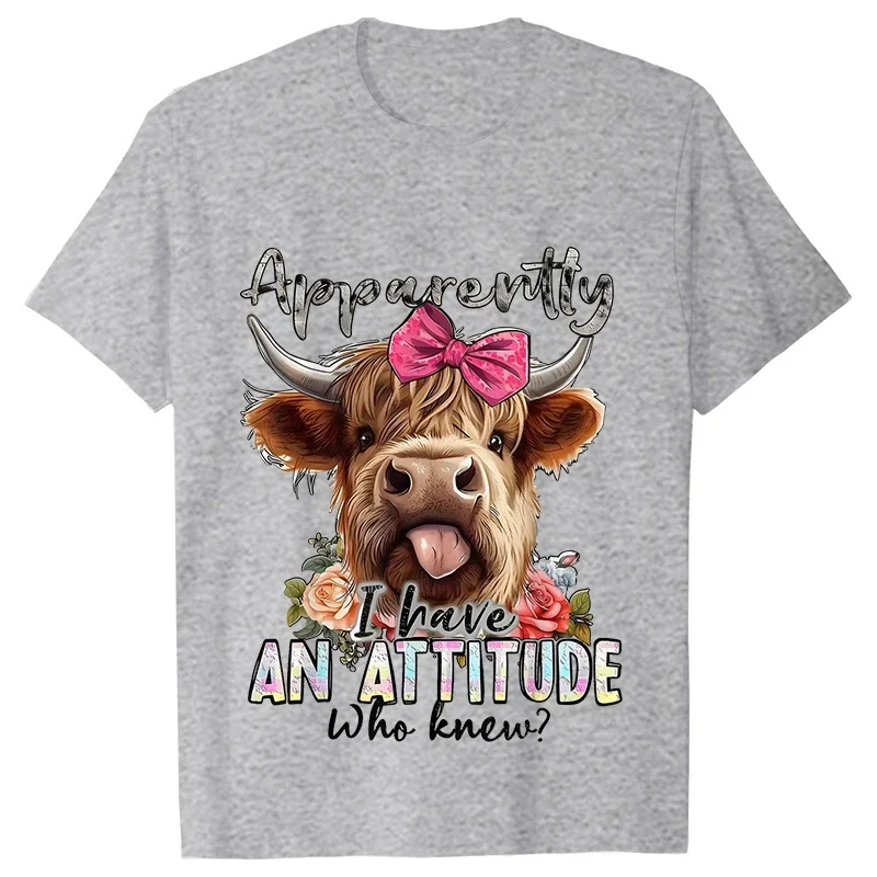 Highland Cow Print T-Shirts for Women Attitude Design Female Tshirts Short Sleeve O-neck T Shirt Funny Cartoon Clothes Women