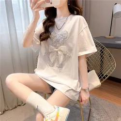 Cartoon Bear Beading Loose Cotton Tops Women Summer Round Neck Female Casual White T-shirts Ladies Short Sleeve Oversized Tees