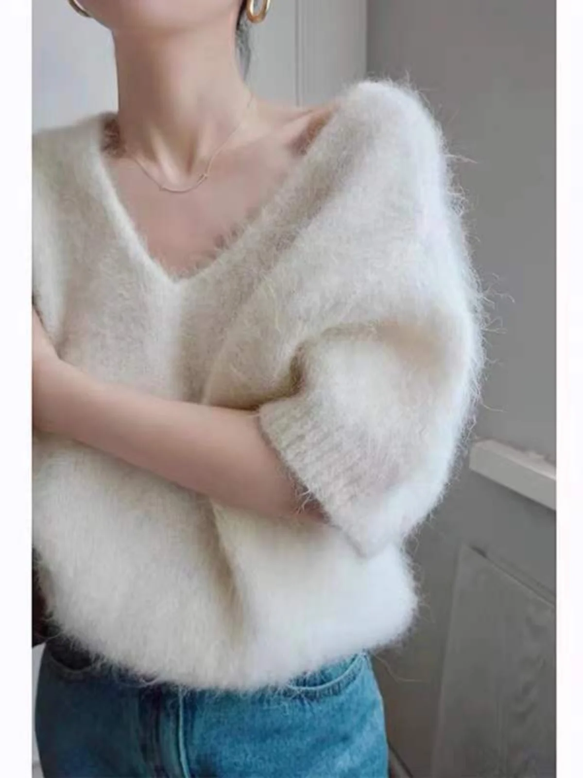 

Autumn Winter Lazy Sle Women's ort Sve Camere Sweater Vintage Loose Versatile Mink Velvet Knitted Top Commute