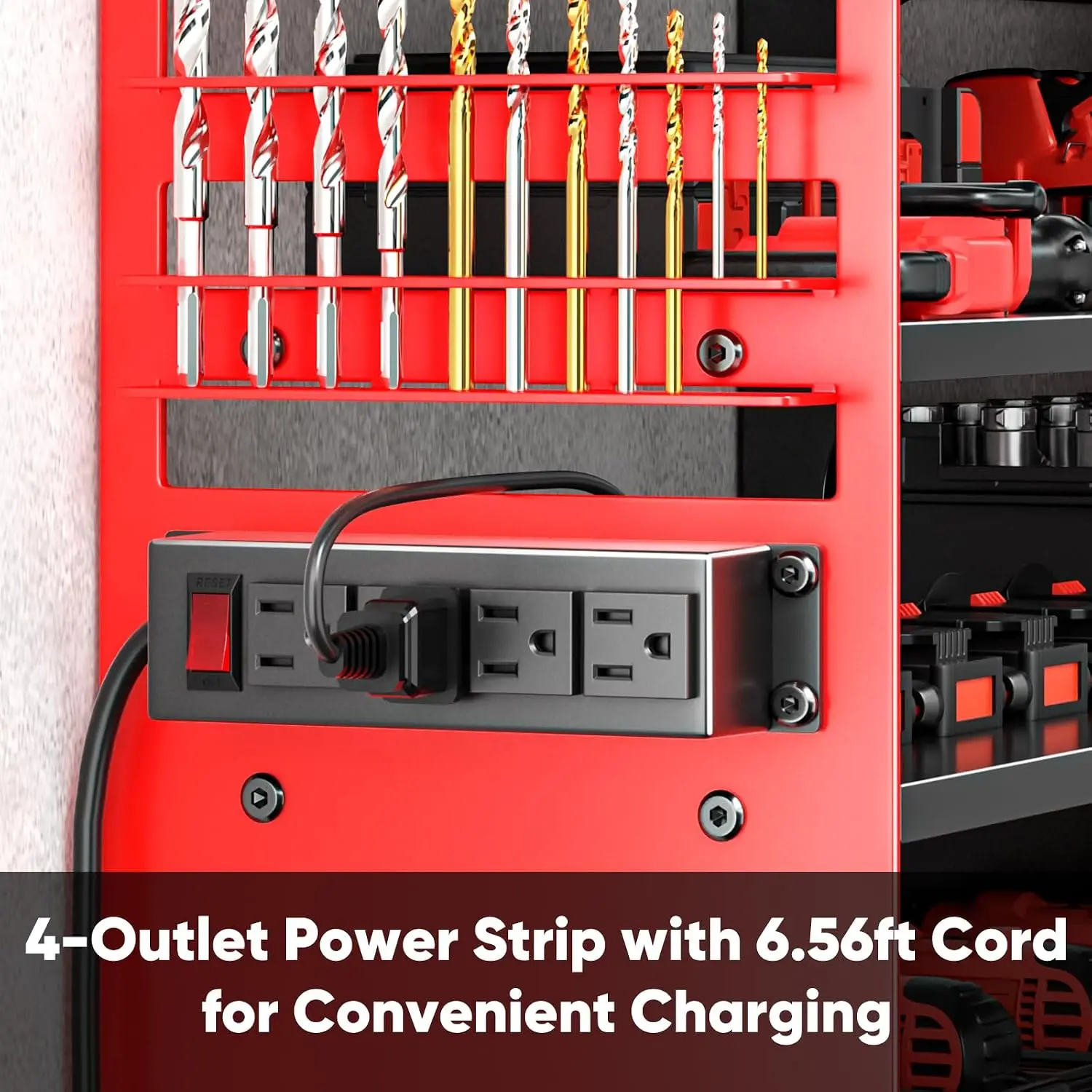 Heavy Duty Tool Organizer Wall Mount with Charging Station, 4-Tier Metal Shelf, 600lbs Capacity, 8 Drill Holders, 4-Outlet Power Strip - view 3