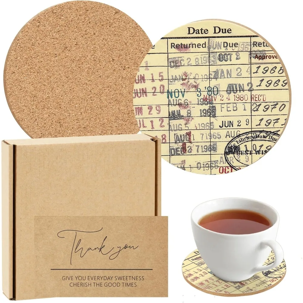 

Library Due Date Card Coaster Set, 4pcs Library Card Coasters With Gift Card, Round Drink Coffee Mug Coaster Literary De