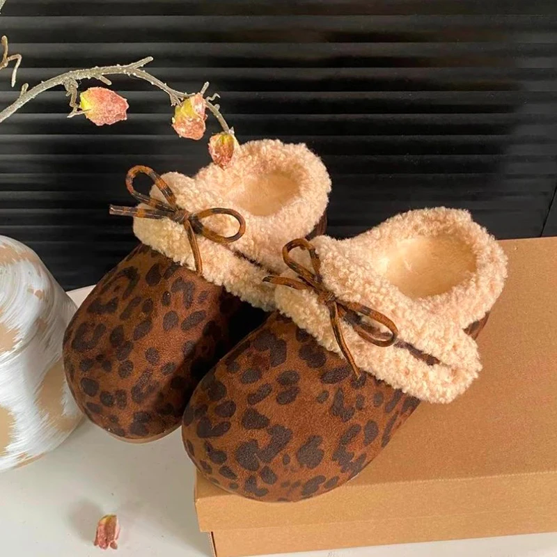 

Bow Leopard Women Platform Fluffy Slippers Winter Mules Shoes Flats Sandals 2025 Casual Short Plush Shoes Slingback Flip Flops