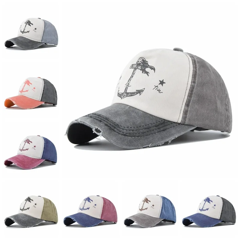Distressed Anchor Print Baseball Cap Unisex Washed Vintage Cotton Sun Hat Curved Brim Casual Outdoor Spring Autumn Gift